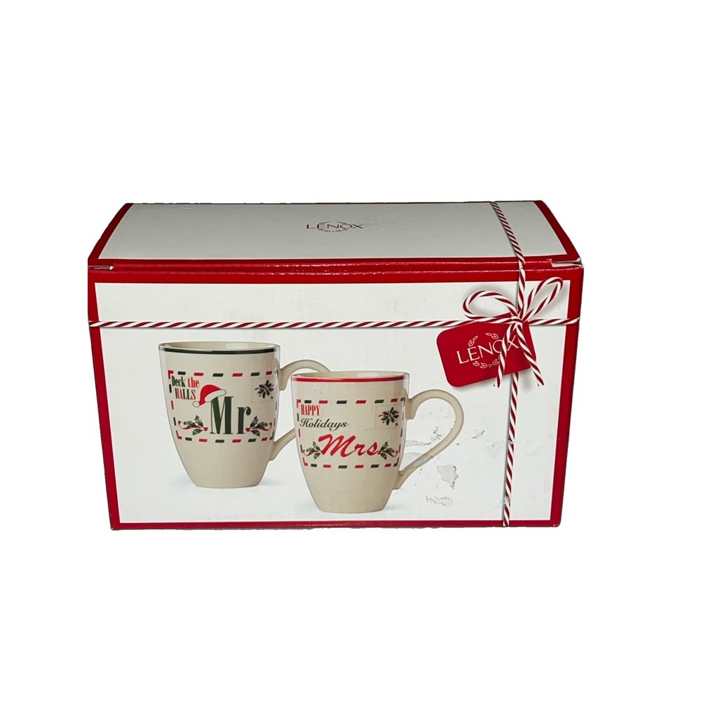 Lenox Hosting the Holidays Mr & Mrs Mugs Set of 2 14 oz Christmas NIB 890777